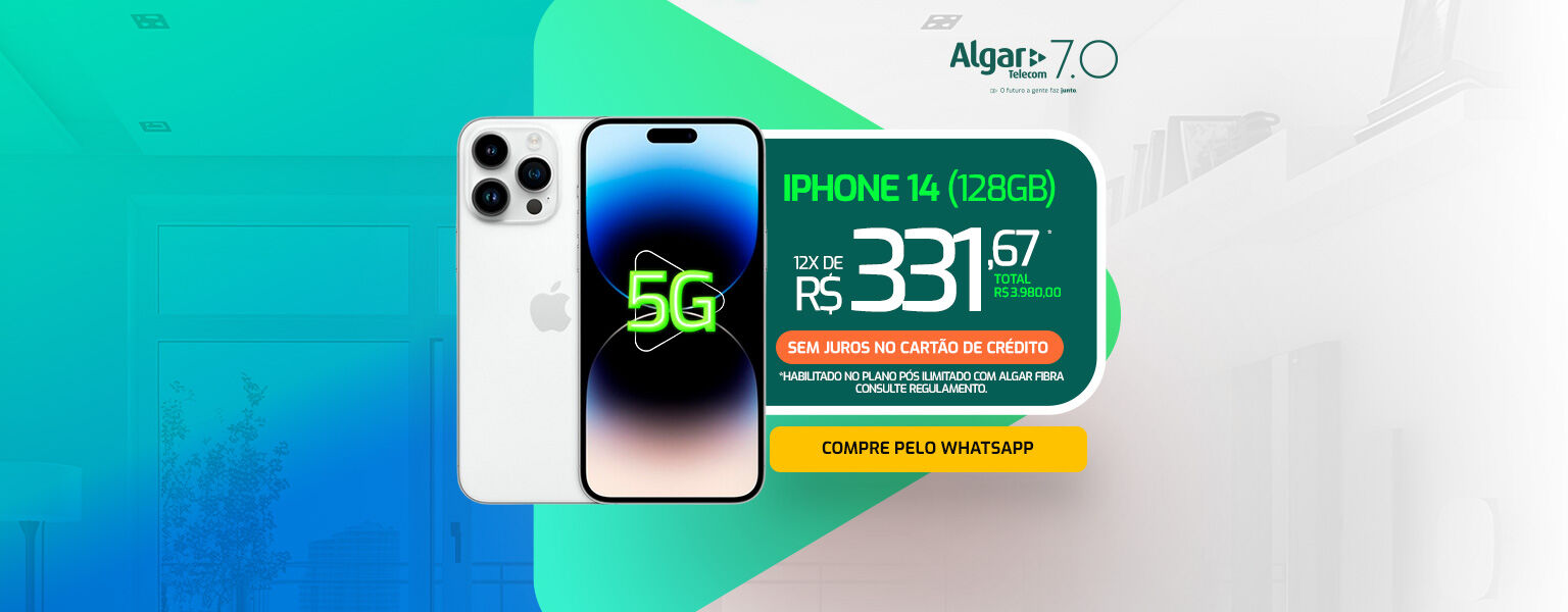 5G Algar + smartphone novo. Iphone 14 em até 12 vezes de R$ 290,00 no cartão ou à vista R$ 3.480,00 habilitando plano pós ilimitado.