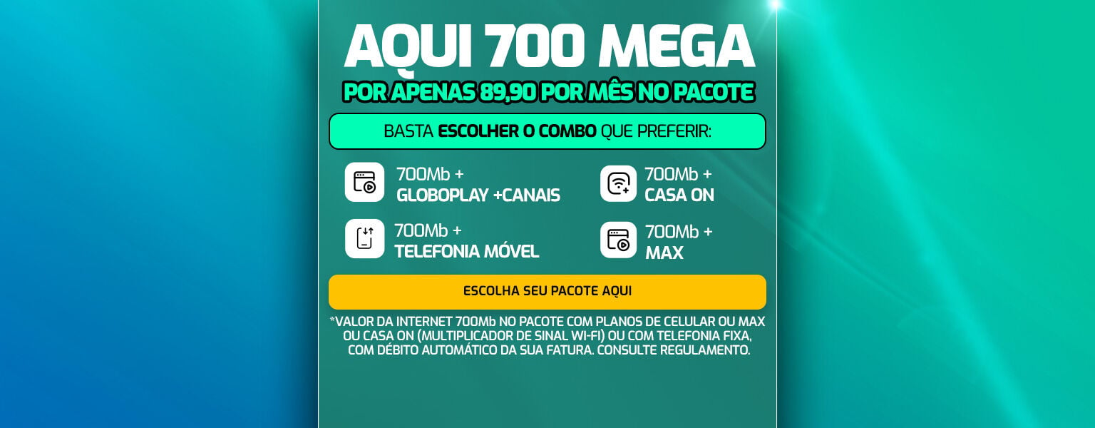 Escolha um plano de celular, MAX, Casa on ou Globoplay + canais e compre 700 Mega por apenas R$ 89,90 por mês no pacote.