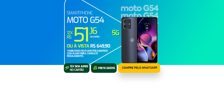 5G Algar + smartphone novo. MOTO G54 em até 12 vezes de R$ 51,16 no cartão ou à vista R$ 649,90 habilitando plano pós ilimitado..