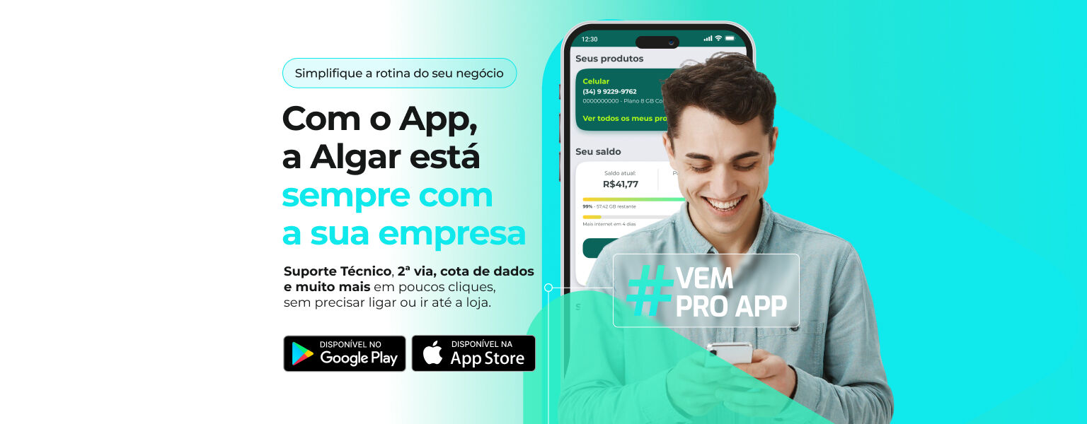 Baixe o App da Algar Telecom e tenha suporte técnico , faturas, recargas e muito mais na palma da sua mão.