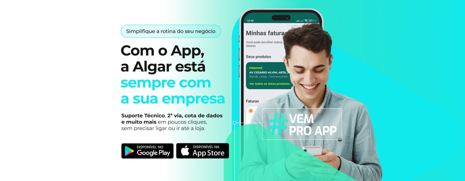 Baixe o App da Algar Telecom e tenha suporte técnico , faturas, recargas e muito mais na palma da sua mão.