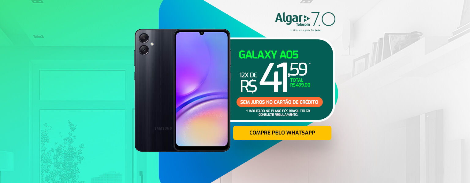 5G Algar + smartphone novo. Galaxy A23 em até 12 vezes de R$ 72,60 no cartão ou à vista R$ 871,20 habilitando plano pós ilimitado.