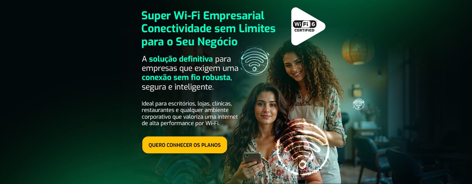 O Super Wi-fi é um serviço de instalação e manutenção de roteadores com Wi-Fi 6 em pontos estratégicos para ampliar o alcance, estabilidade e qualidade da rede sem fio (wi-fi)  da sua internet fibra contratada. VOCÊ E SUA CASA FICAM SEMPRE ON. Quero conhecer os planos