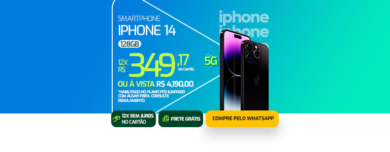 5G Algar + smartphone novo. Iphone 14 em até 12 vezes de R$ 349,17 no cartão ou à vista R$ 4.190,00 habilitando plano pós ilimitado.